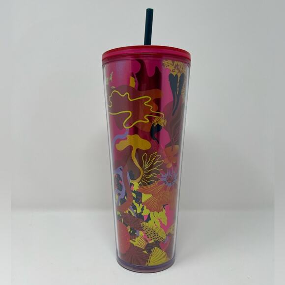 NWT Starbucks Fall 2023 Pink Ocean & Forest Floral Venti Cold Tumbler - Picture 2 of 6